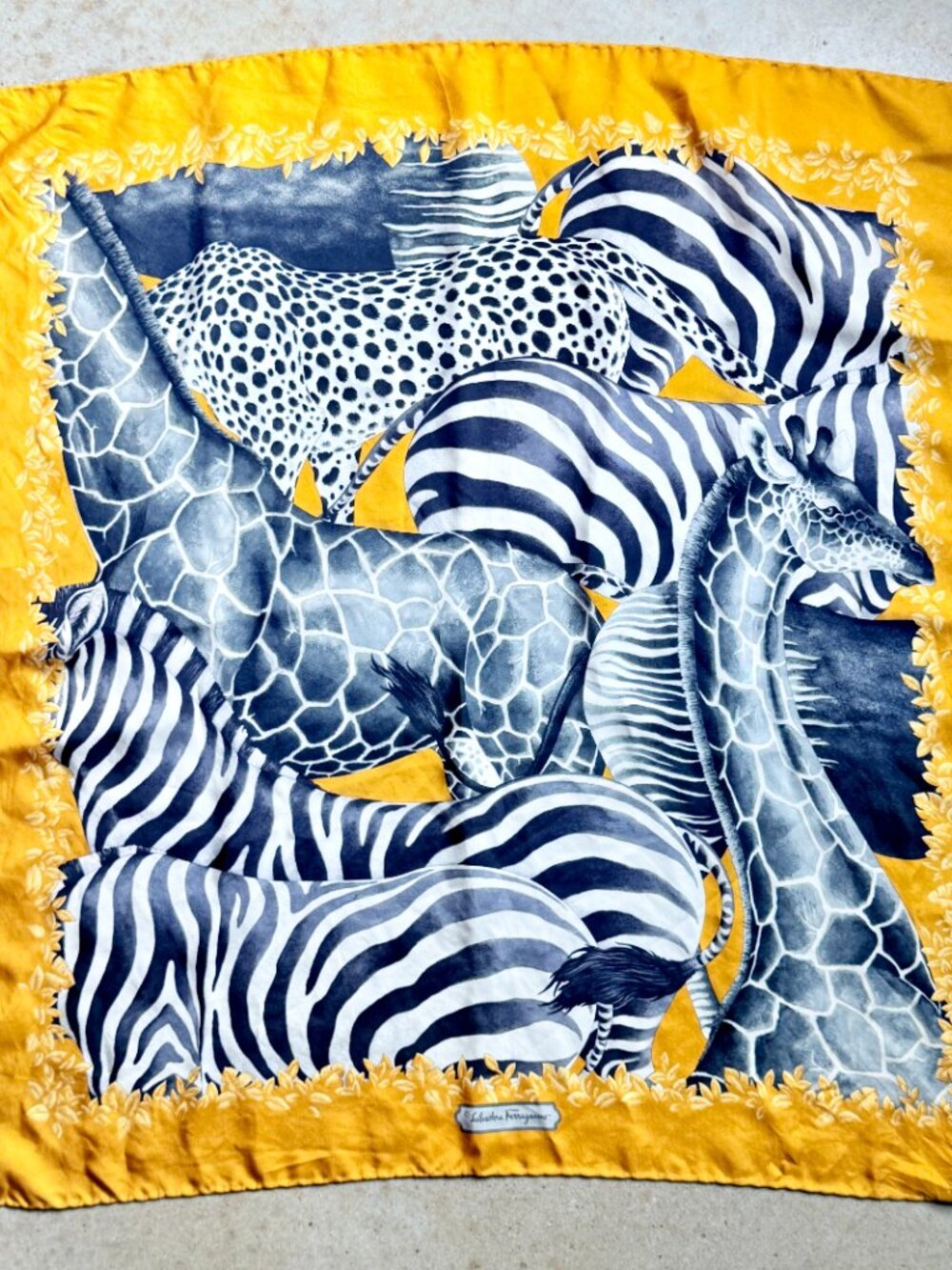 Salvatore Ferragamo Vintage Silk Scarf Zebra Giraffe Safari Animal 26" Italy
